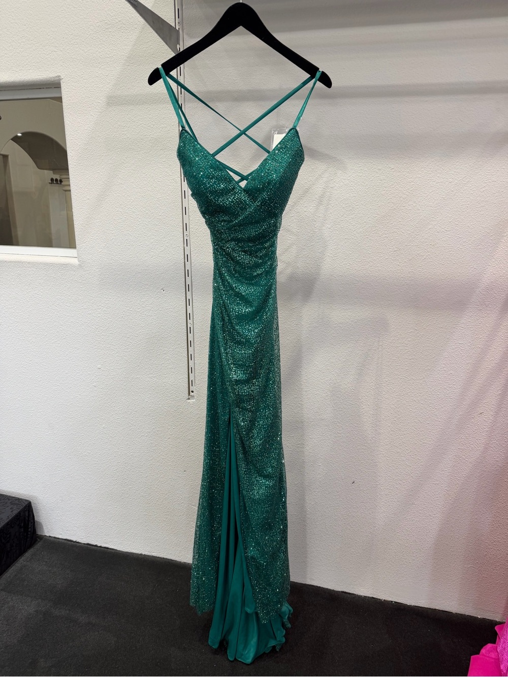 Clarisse Teal Sparkle Crisscross V-Neck Prom Dress